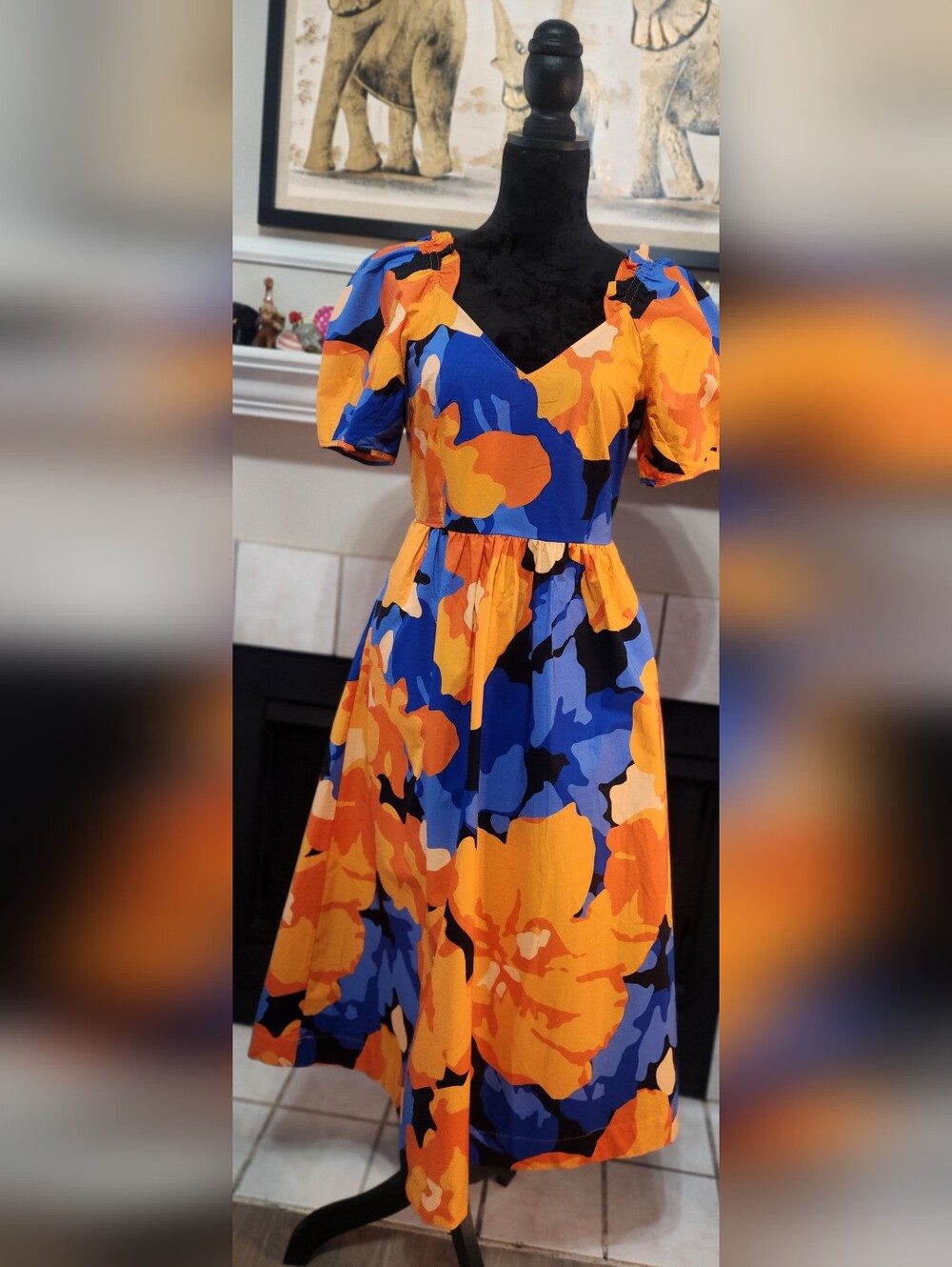 Bold Orange & Blue Floral Midi Dress with Puff Sleeves